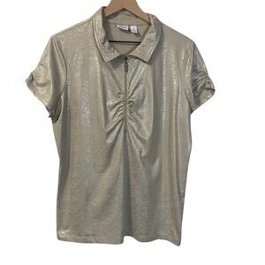 Chico's Zenergy Golf Gold Foil Short Sleeve Top Golf Shirt Ruched Half Zip Sz XL